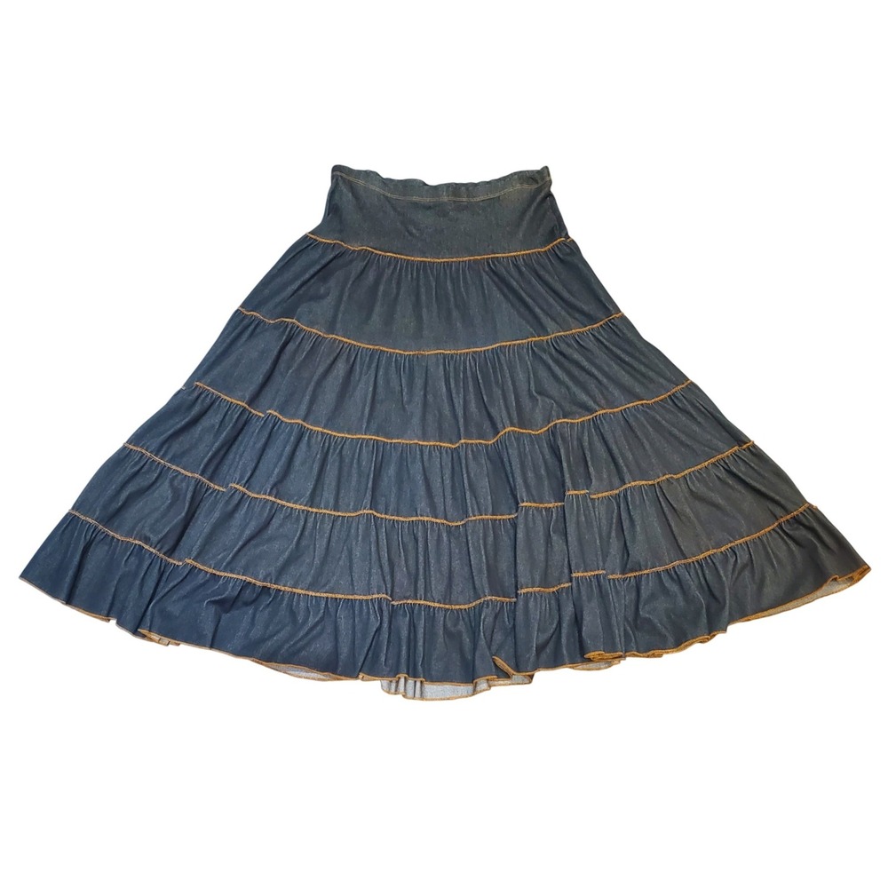 Vintage Newport Dark Wash Tiered Broom Skirt Boho Gypsy Midi Knee Length Size Sm